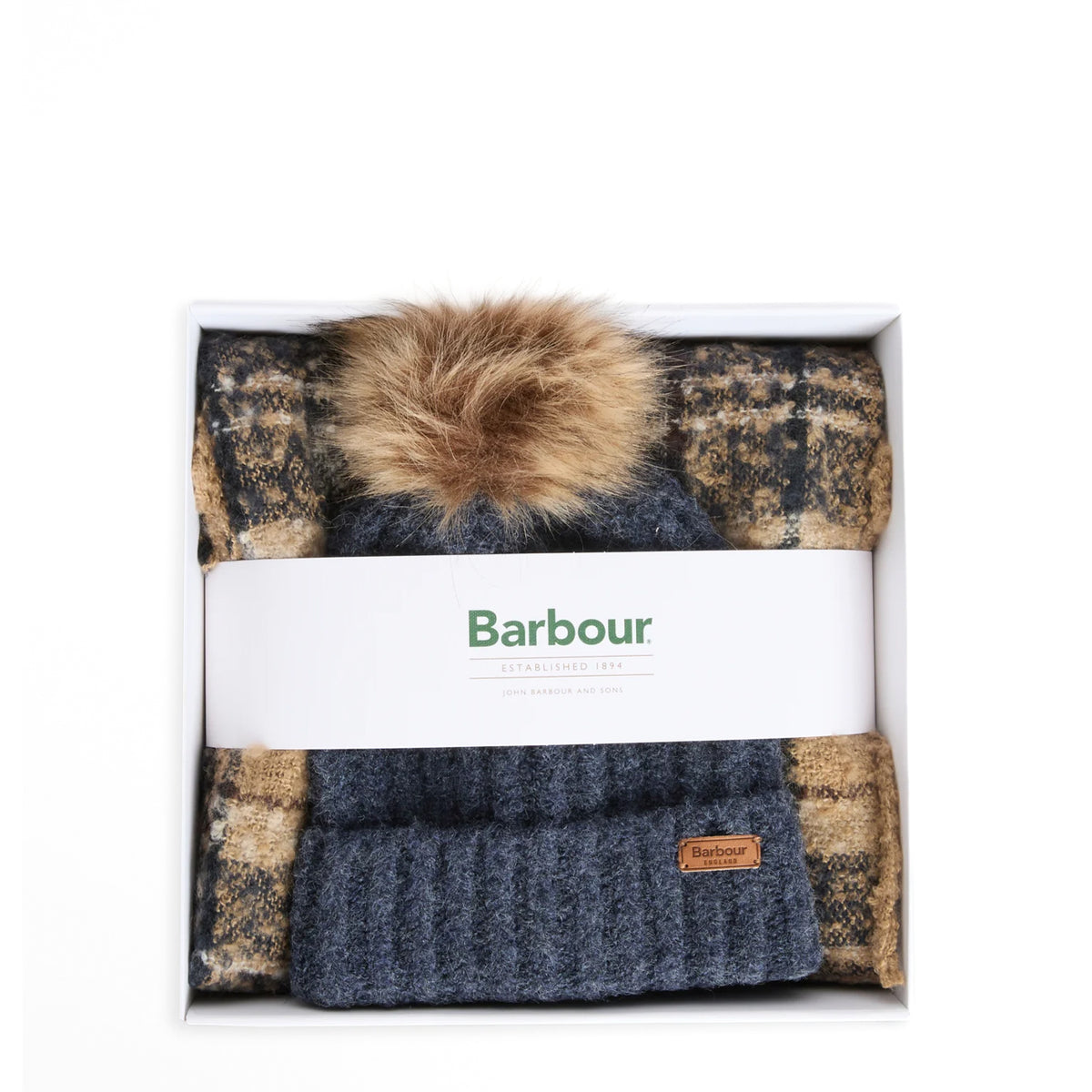 Barbour Womens Barbour Saltburn Beanie & Tartan Scarf Gift Set Birchwood
