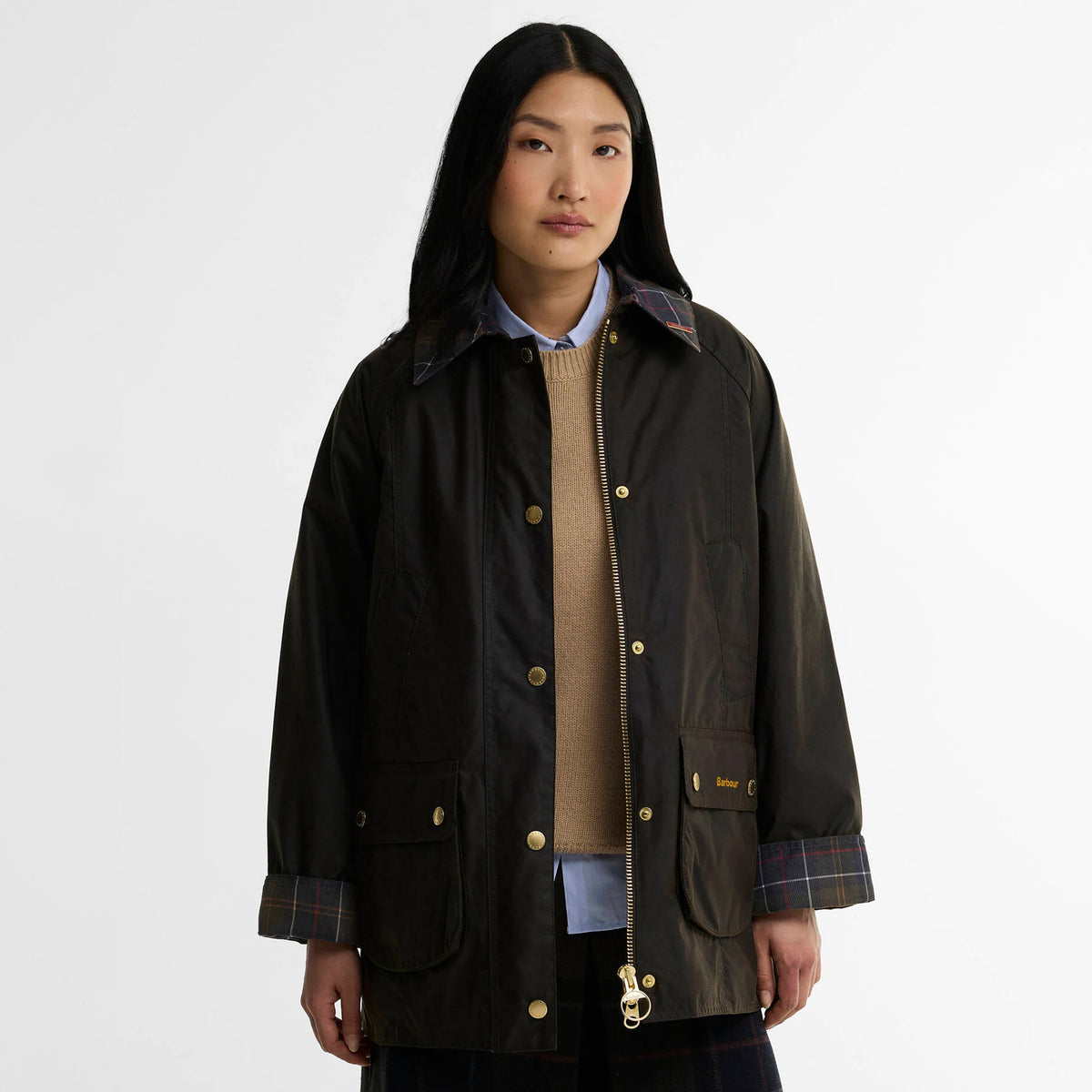 Barbour Womens Icons Tartan Collar Modern Beadnell Wax Jacket Olive / Classic