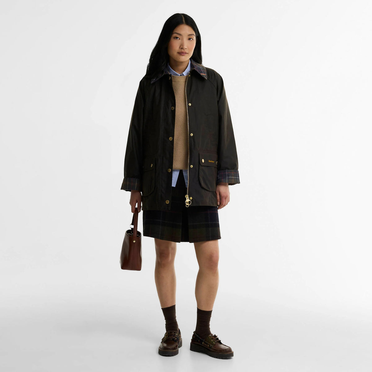 Barbour Womens Icons Tartan Collar Modern Beadnell Wax Jacket Olive / Classic