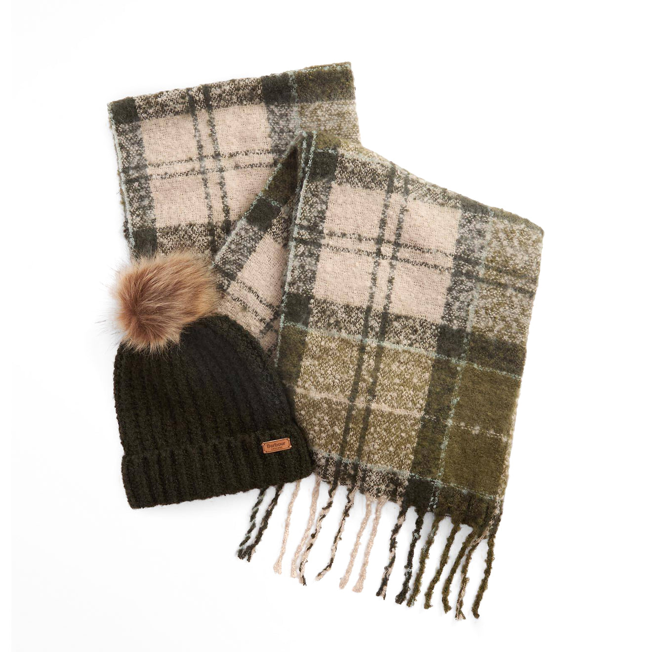 Barbour Womens Saltburn Beanie & Tartan Scarf Gift Set Ancient Loden/Dark Green