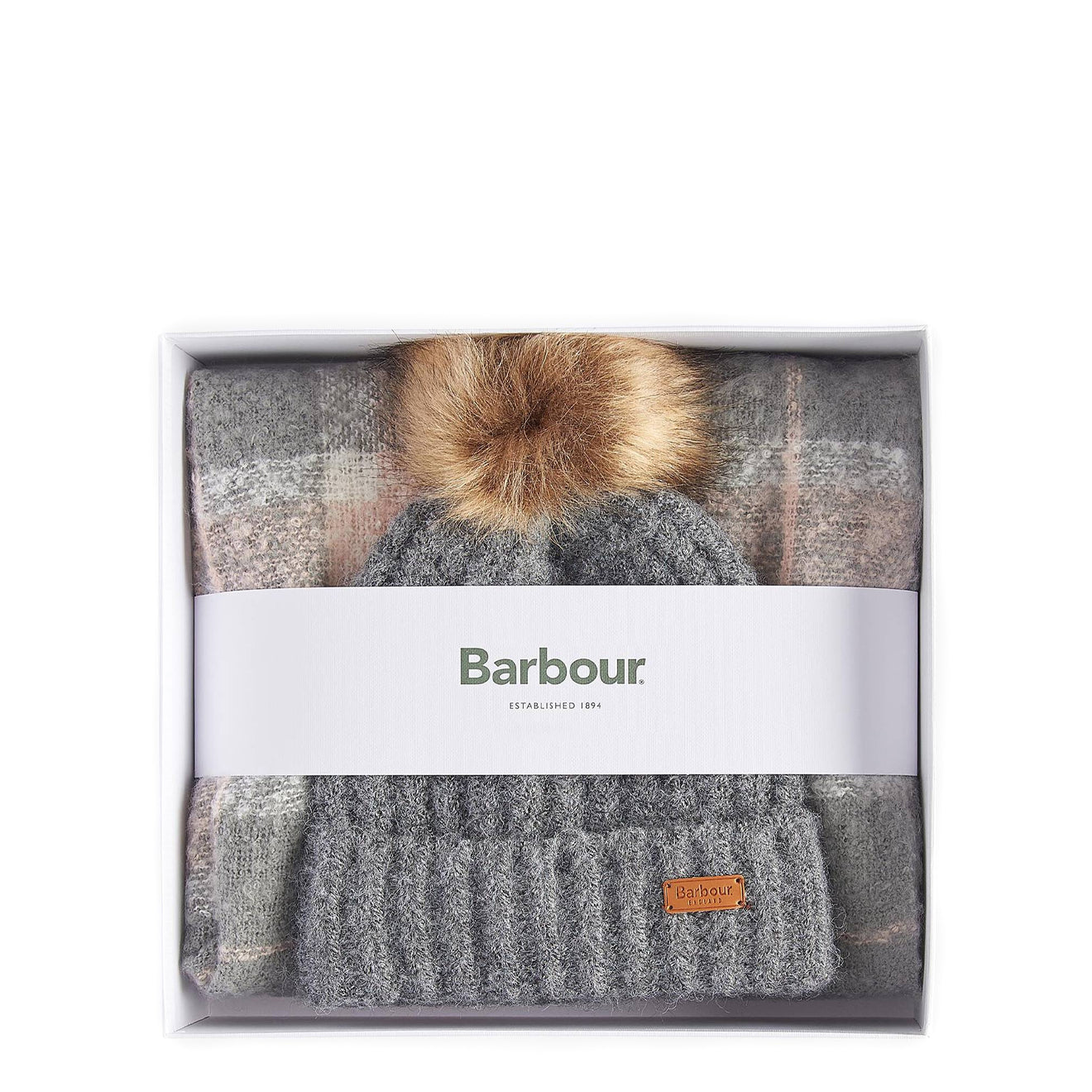 Barbour Womens Saltburn Beanie & Tartan Scarf Gift Set Grey Rose