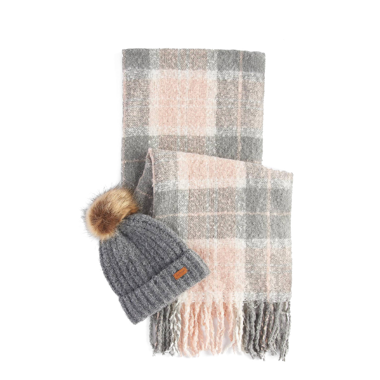 Barbour Womens Saltburn Beanie & Tartan Scarf Gift Set Grey Rose
