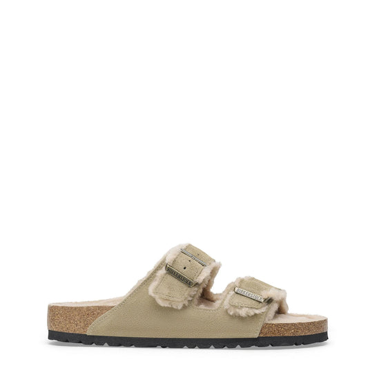 Birkenstock Womens Arizona Shearling Suede Leather Narrow Fit Taupe