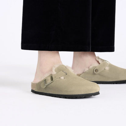 Birkenstock Womens Boston Shearling Suede Leather Narrow Fit Taupe