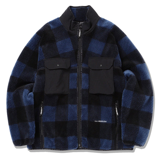 And Wander Check Boa Jacket Blue - The Sporting Lodge