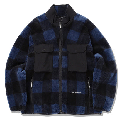 And Wander Check Boa Jacket Blue - The Sporting Lodge