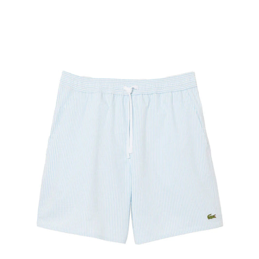 Lacoste Mid Length Striped Textured Swim Trunks White/Light Blue - The Sporting Lodge