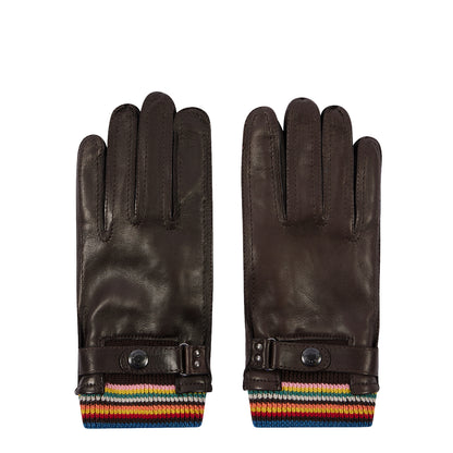 Paul Smith Leather Signature Stripe Cuff Gloves Brown