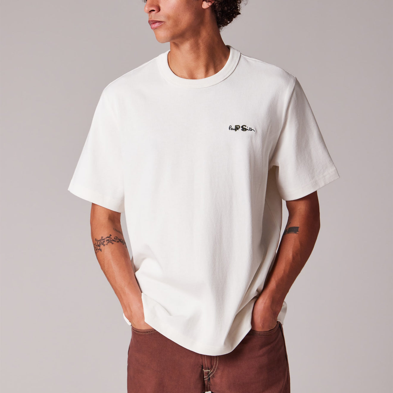 Paul Smith Logo Embroidery Cotton T-Shirt Ecru