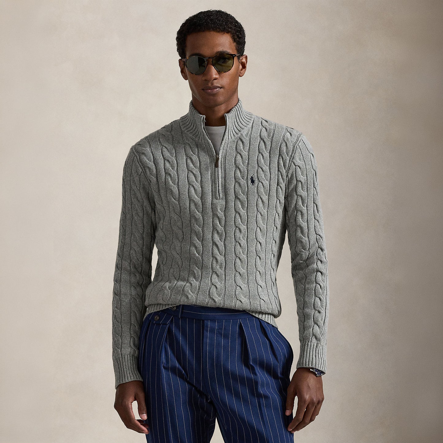 Polo Ralph Lauren Cable-Knit Cotton Quarter-Zip Jumper Fawn Grey Heather