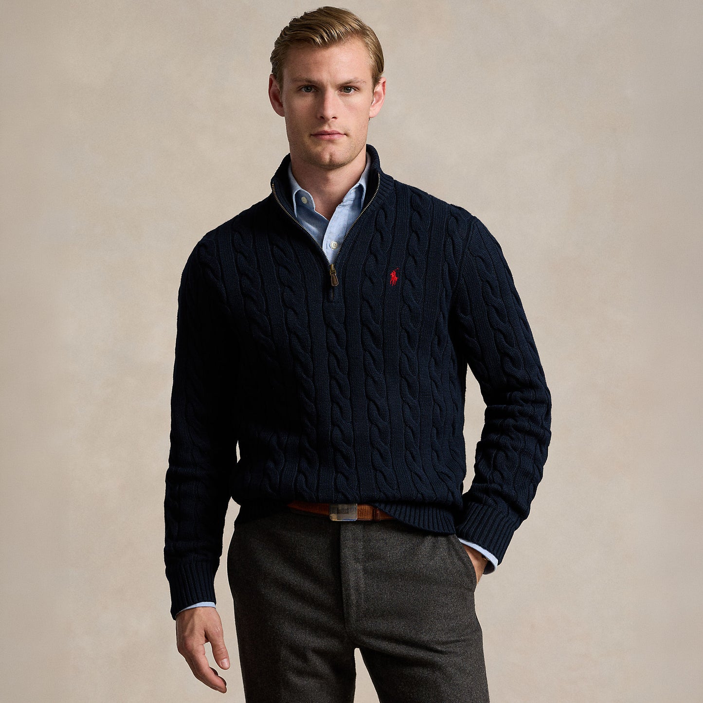 Polo Ralph Lauren Cable-Knit Cotton Quarter-Zip Jumper Hunter Navy