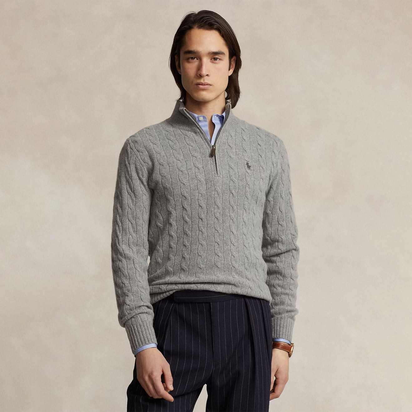 Polo Ralph Lauren Cable-Knit Wool-Cashmere Sweater Fawn Grey Heather