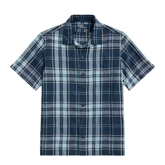 Polo Ralph Lauren Classic Fit Plaid Poplin Camp Shirt Indigo Khaki