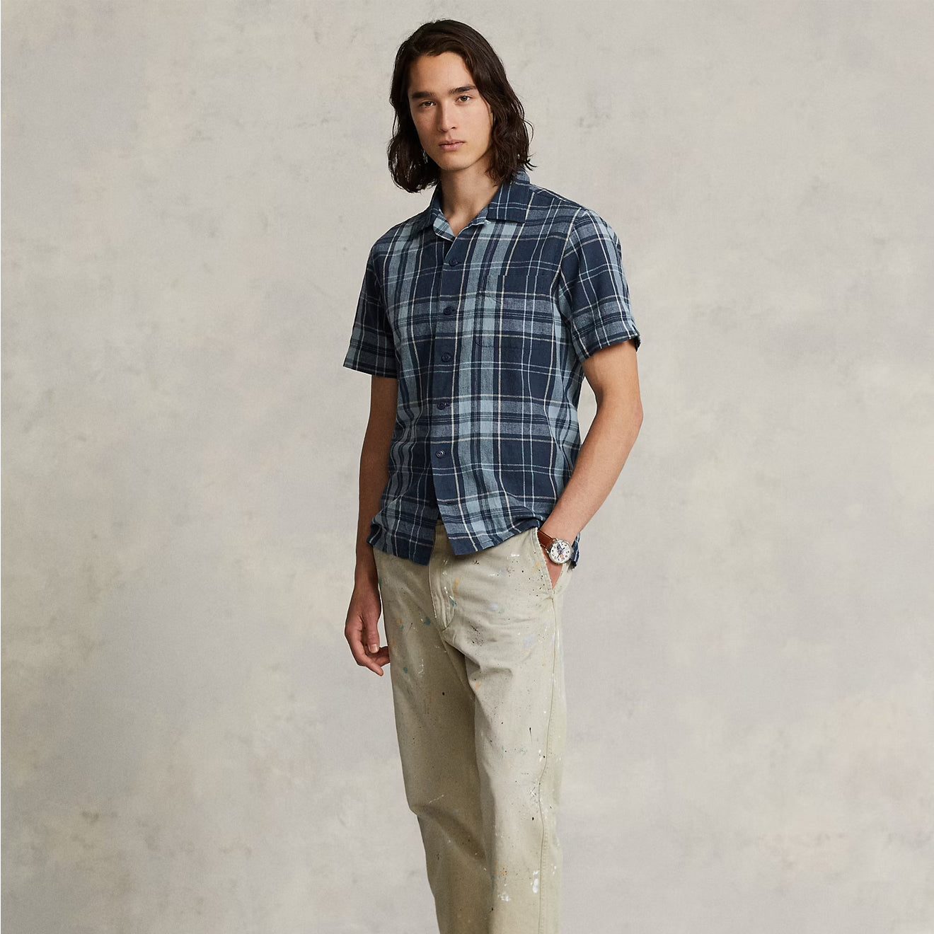 Polo Ralph Lauren Classic Fit Plaid Poplin Camp Shirt Indigo Khaki - The Sporting Lodge