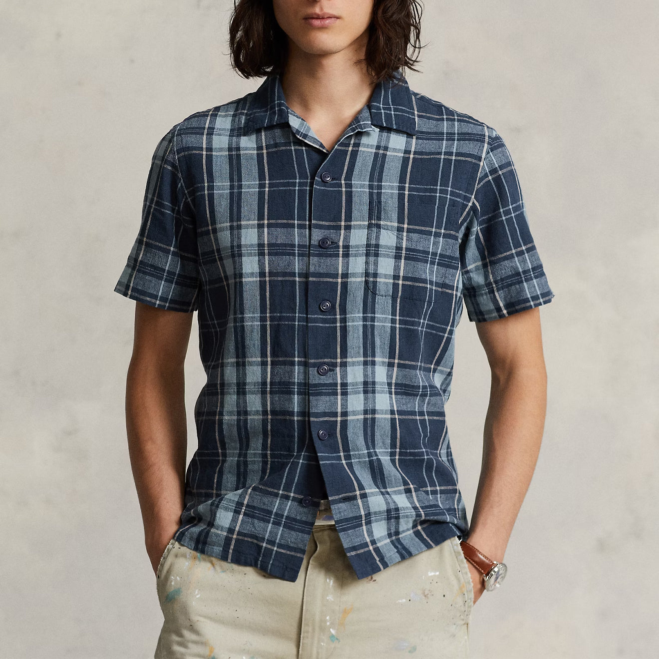 Polo Ralph Lauren Classic Fit Plaid Poplin Camp Shirt Indigo Khaki - The Sporting Lodge