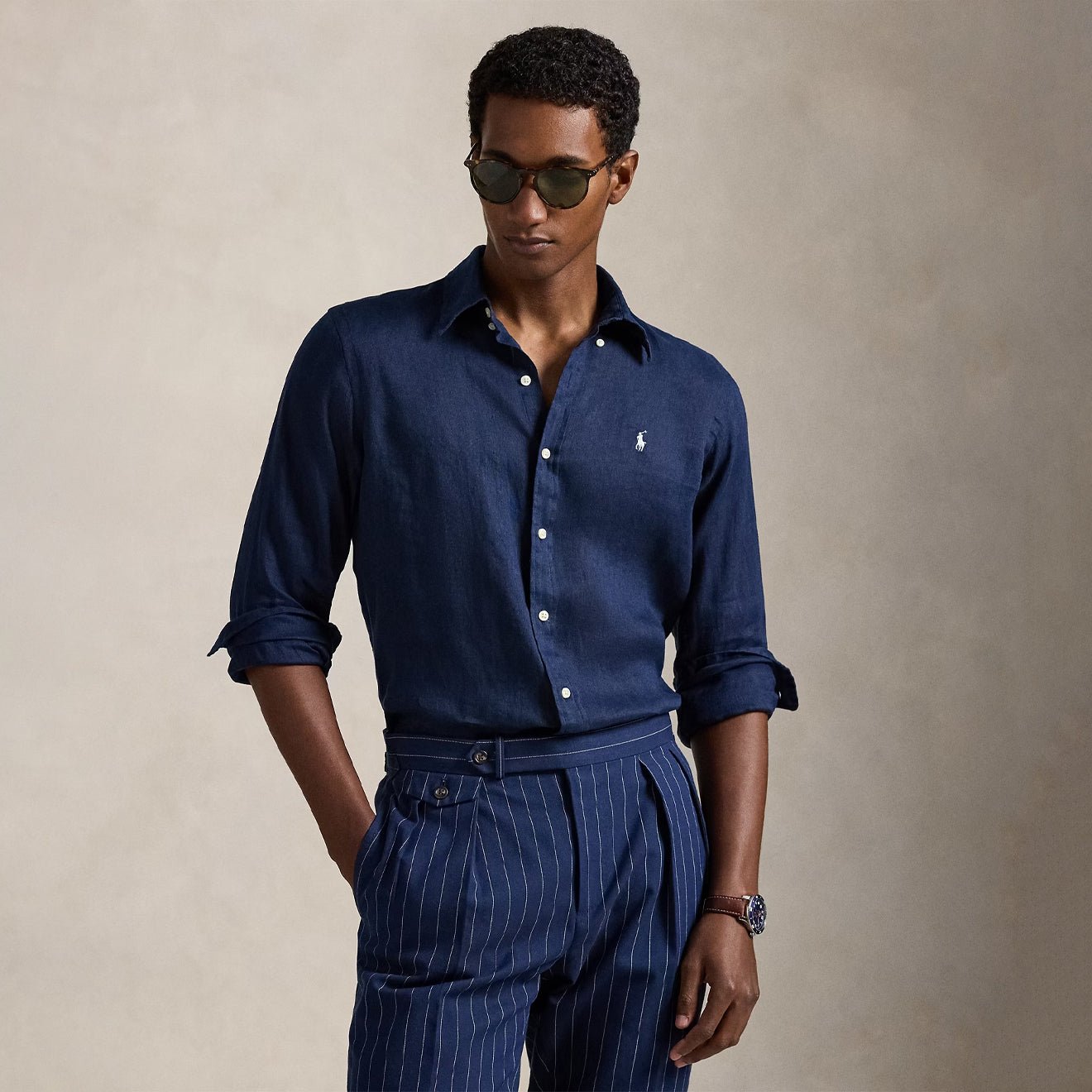Polo Ralph Lauren Custom Fit Linen Shirt Newport Navy / White