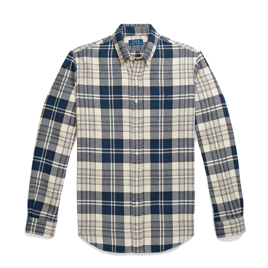 Polo Ralph Lauren Custom Fit Plaid Brushed Flannel Shirt Off White/Navy