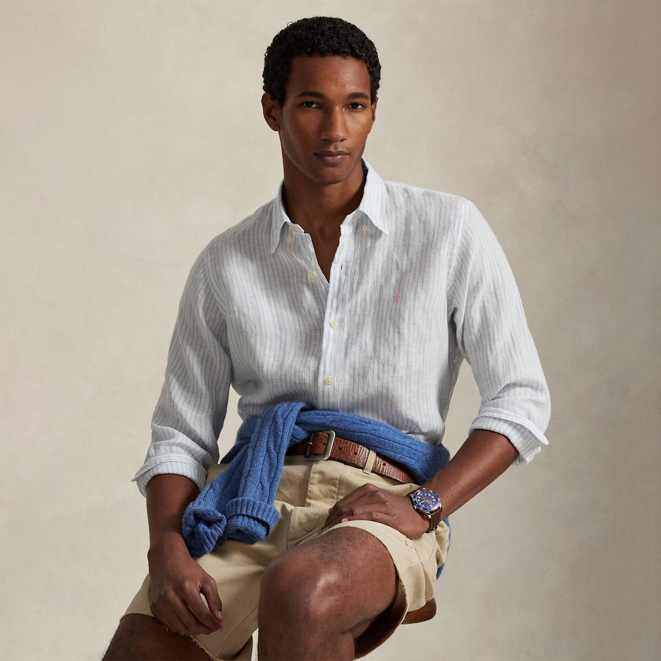 Polo Ralph Lauren Custom Fit Striped Linen Shirt White Blue