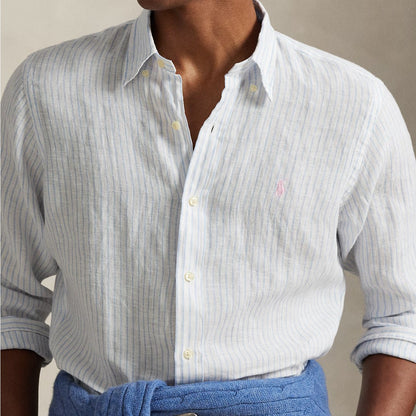 Polo Ralph Lauren Custom Fit Striped Linen Shirt White Blue