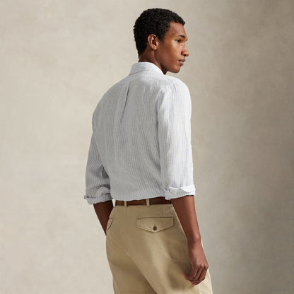 Polo Ralph Lauren Custom Fit Striped Linen Shirt White Blue
