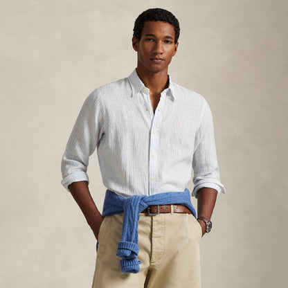 Polo Ralph Lauren Custom Fit Striped Linen Shirt White Blue