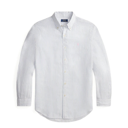 Polo Ralph Lauren Custom Fit Striped Linen Shirt White Blue