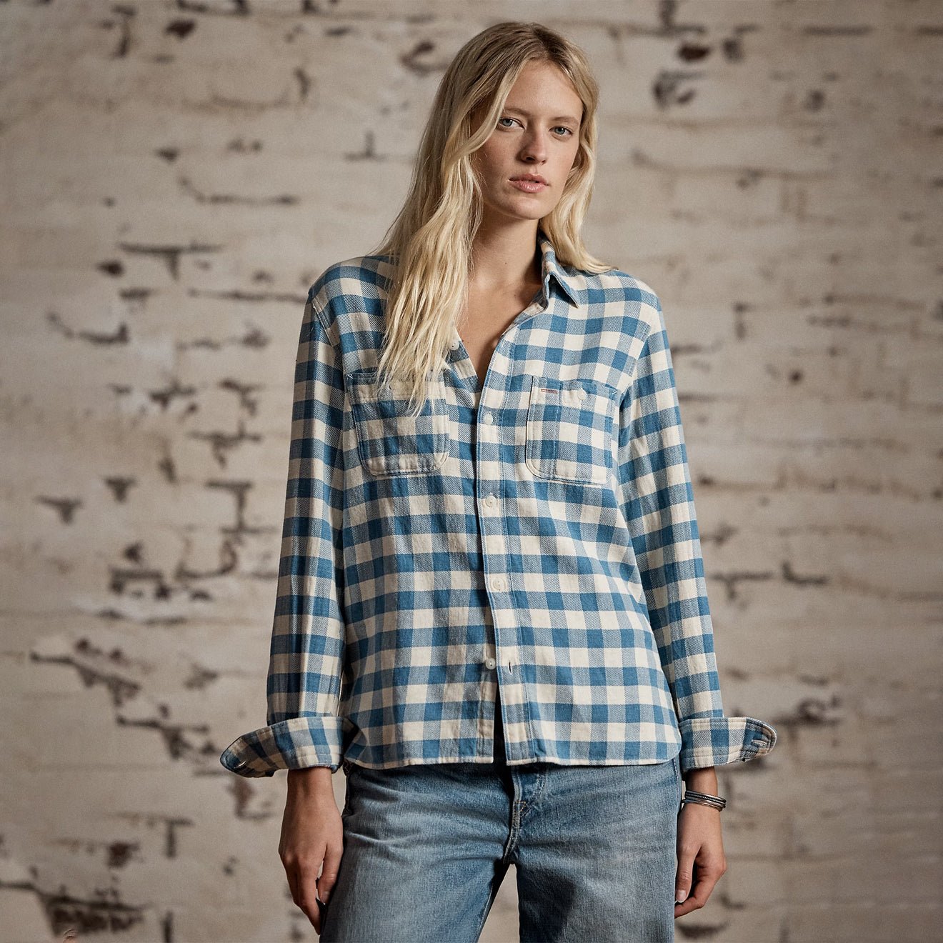 RRL by Ralph Lauren Womens Plaid Cotton-Linen Shirt Indigo/Cream - The Sporting Lodge
