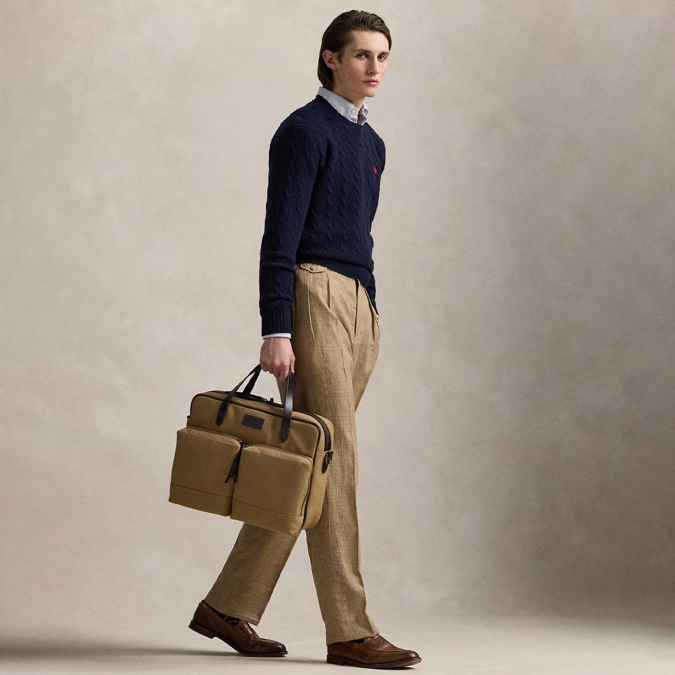Polo Ralph Lauren Leather - Trim Canvas Commuter Bag Montana Khaki / Dark Brown