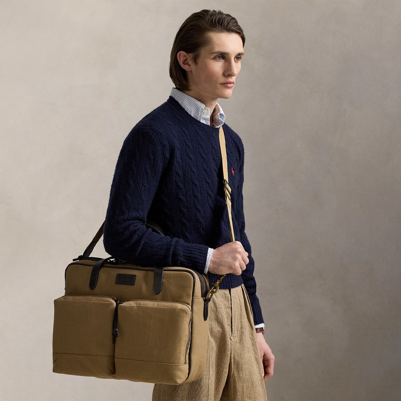 Polo Ralph Lauren Leather - Trim Canvas Commuter Bag Montana Khaki / Dark Brown