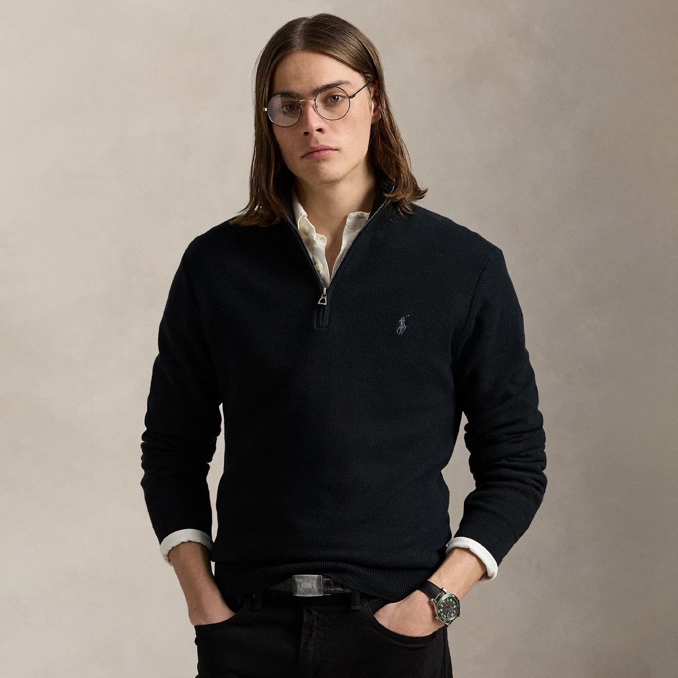 Polo Ralph Lauren Mesh-Knit Cotton Quarter-Zip Sweater Polo Black / Tonal PP - The Sporting Lodge