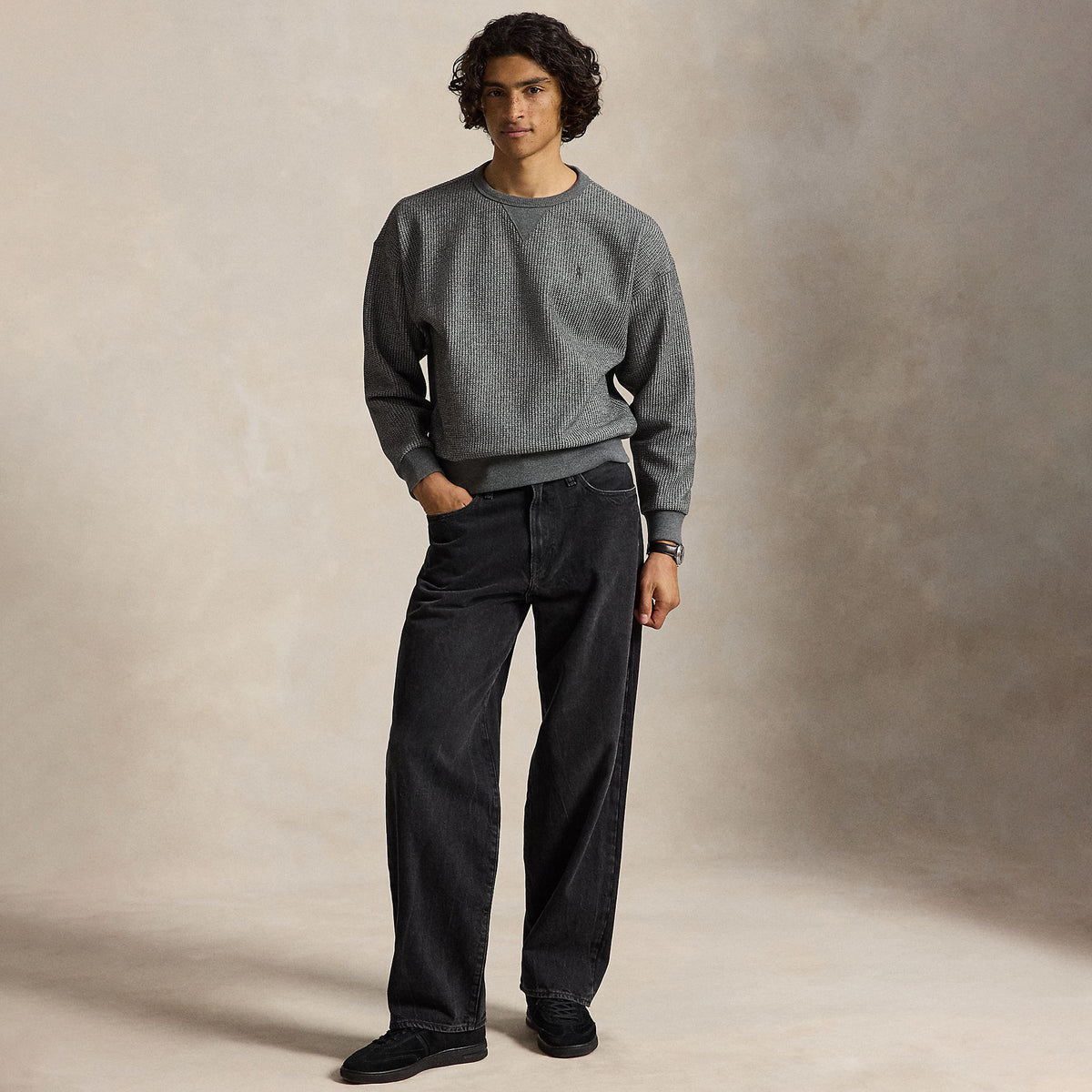 Polo Ralph Lauren Relaxed Fit Waffle Knit Sweatshirt Fortress Grey Heather