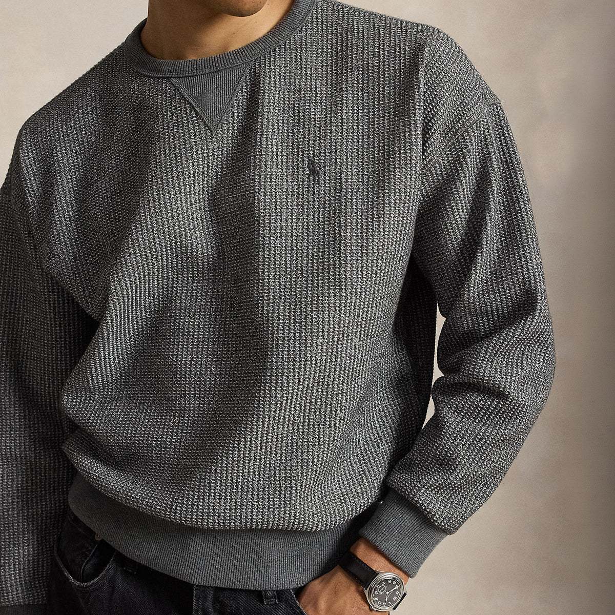 Polo Ralph Lauren Relaxed Fit Waffle Knit Sweatshirt Fortress Grey Heather