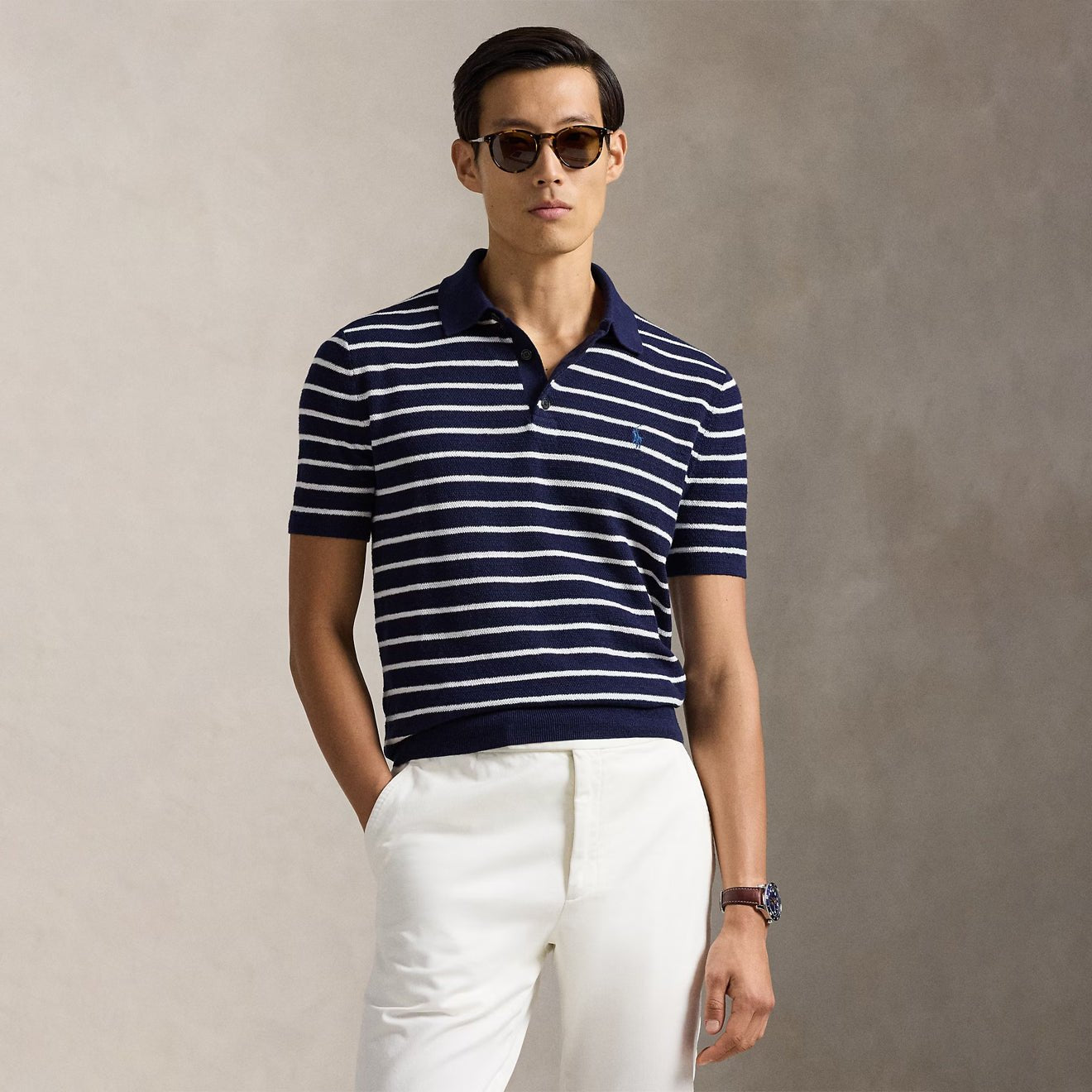 Polo Ralph Lauren Striped Cotton - Linen Polo Sweater Bright Navy Combo
