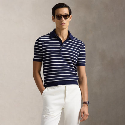 Polo Ralph Lauren Striped Cotton - Linen Polo Sweater Bright Navy Combo