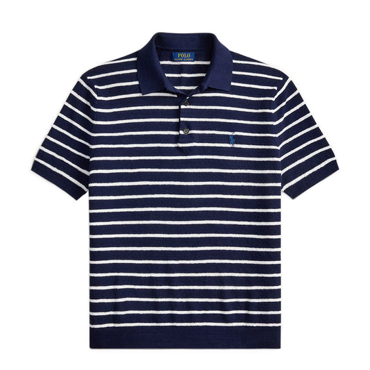 Polo Ralph Lauren Striped Cotton-Linen Polo Sweater Bright Navy Combo