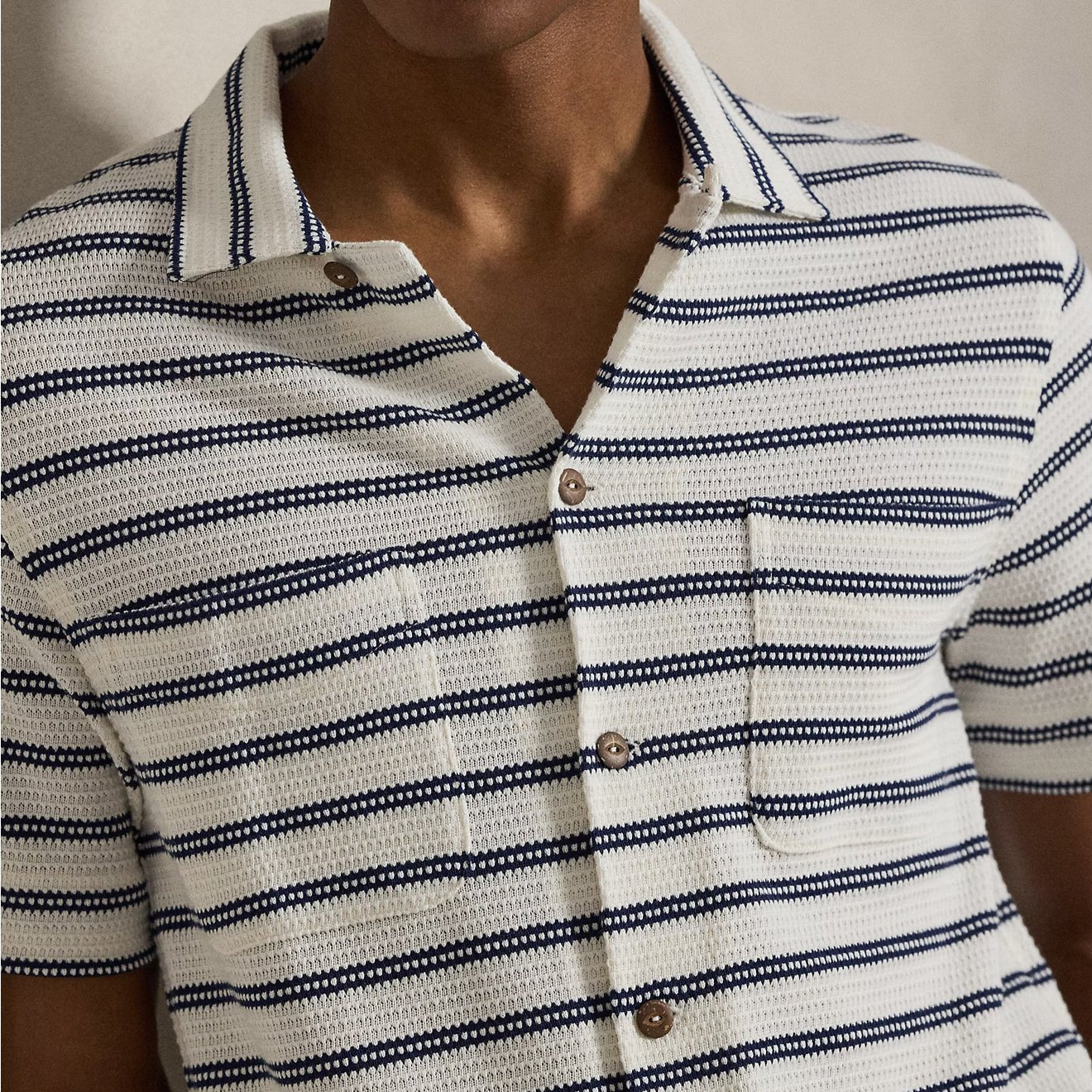 Polo Ralph Lauren Striped Pointelle - Jersey Camp Shirt Pale Cream / Newport Navy