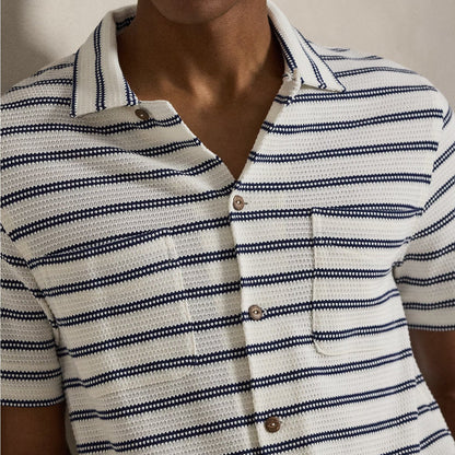 Polo Ralph Lauren Striped Pointelle - Jersey Camp Shirt Pale Cream / Newport Navy