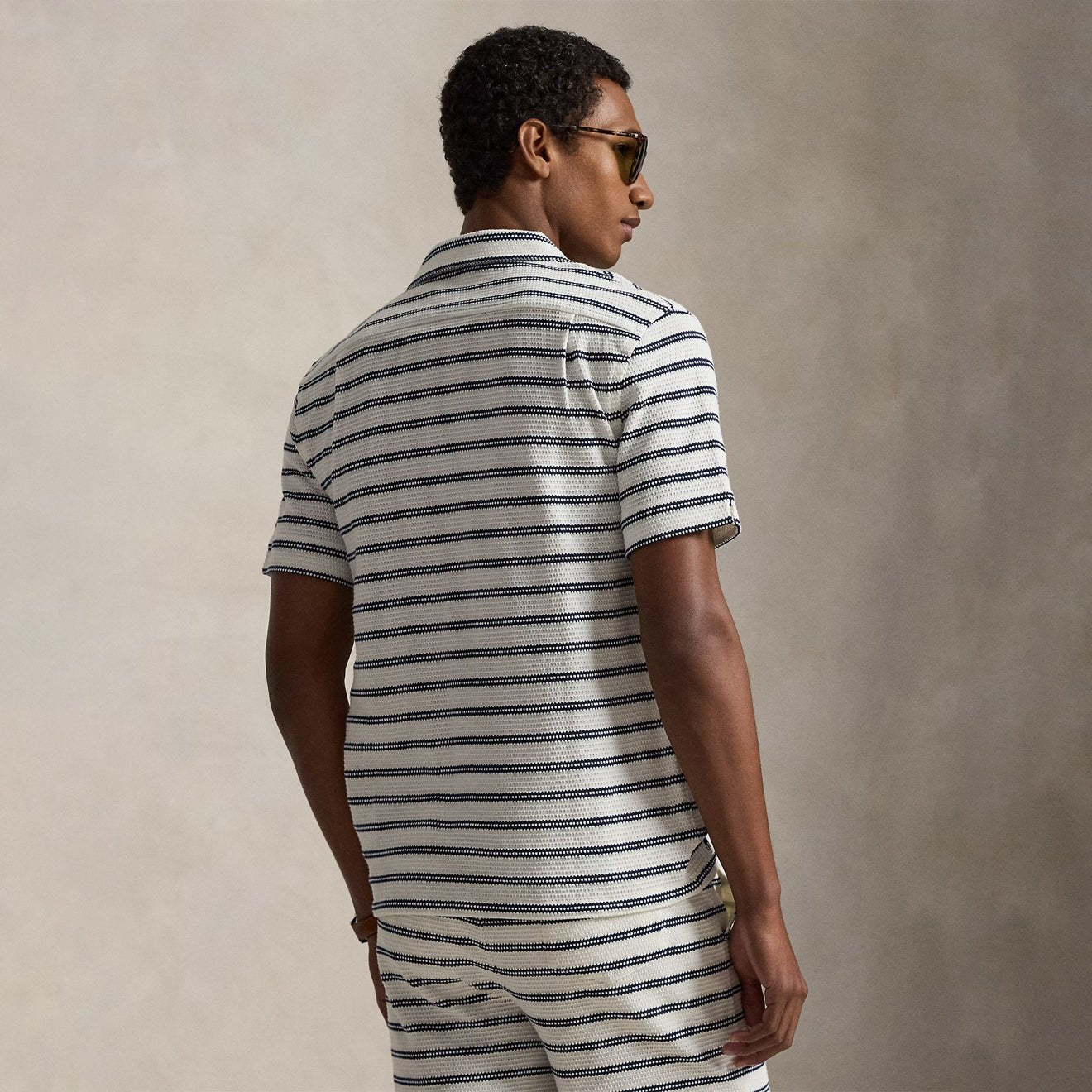 Polo Ralph Lauren Striped Pointelle - Jersey Camp Shirt Pale Cream / Newport Navy