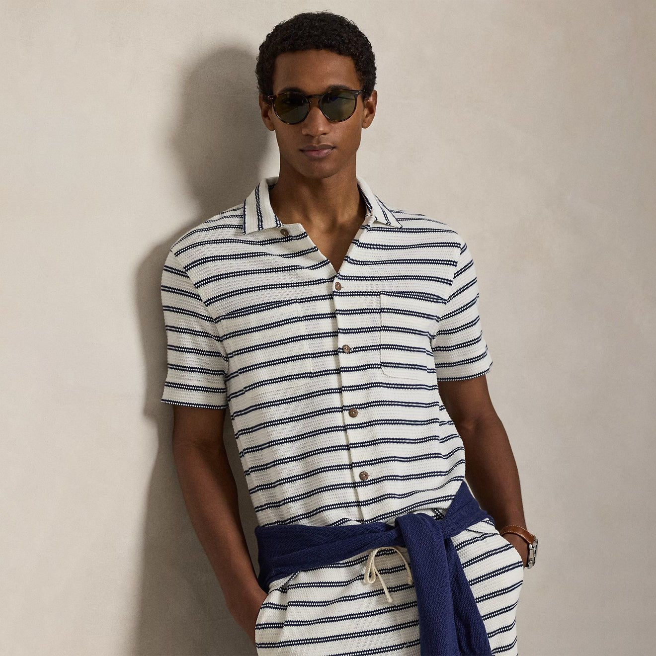 Polo Ralph Lauren Striped Pointelle - Jersey Camp Shirt Pale Cream / Newport Navy