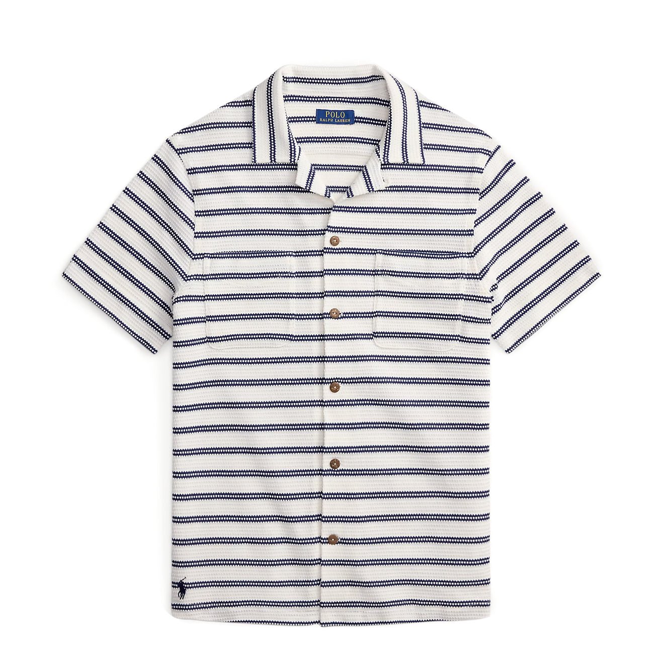 Polo Ralph Lauren Striped Pointelle - Jersey Camp Shirt Pale Cream / Newport Navy