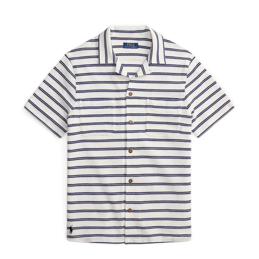Polo Ralph Lauren Striped Pointelle-Jersey Camp Shirt Pale Cream / Newport Navy