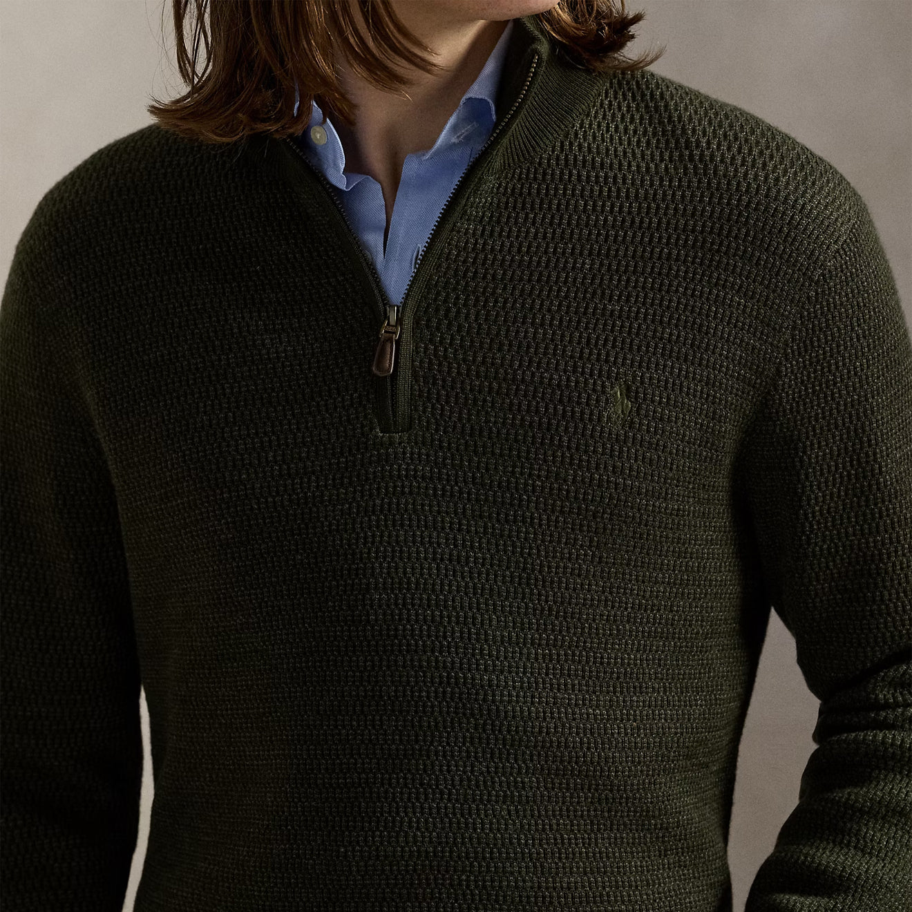 Polo Ralph Lauren Washable Wool Quarter-Zip Sweater Olive Combo