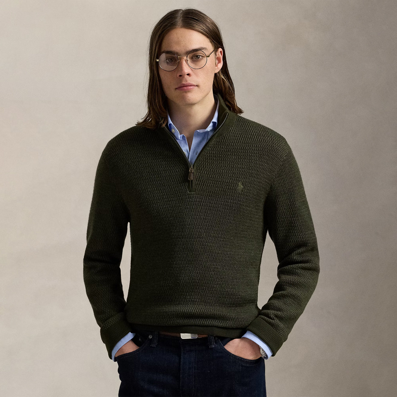 Polo Ralph Lauren Washable Wool Quarter-Zip Sweater Olive Combo