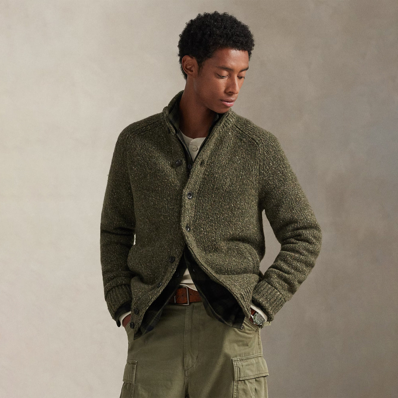 Polo Ralph Lauren Wool-Blend Mockneck Cardigan Olive Marl
