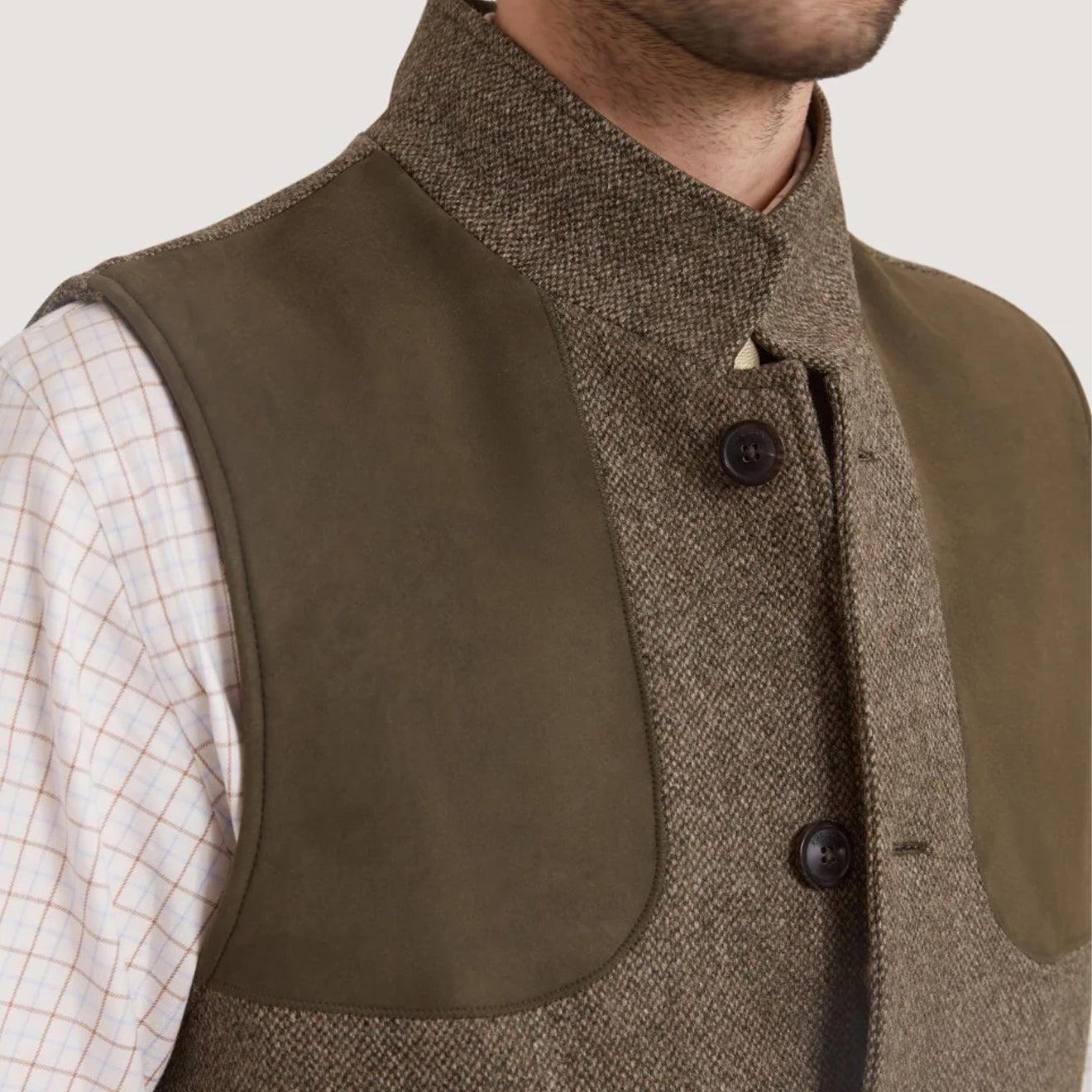 Purdey Lightweight Tweed High Collar Shooting Vest Acorn - The Sporting Lodge