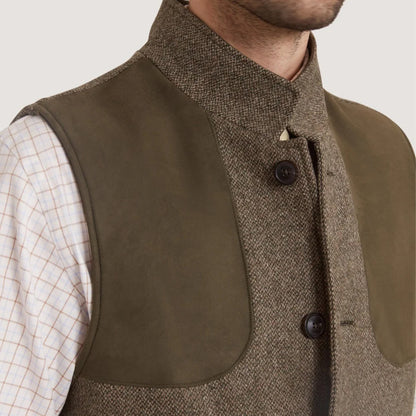 Purdey Lightweight Tweed High Collar Shooting Vest Acorn - The Sporting Lodge