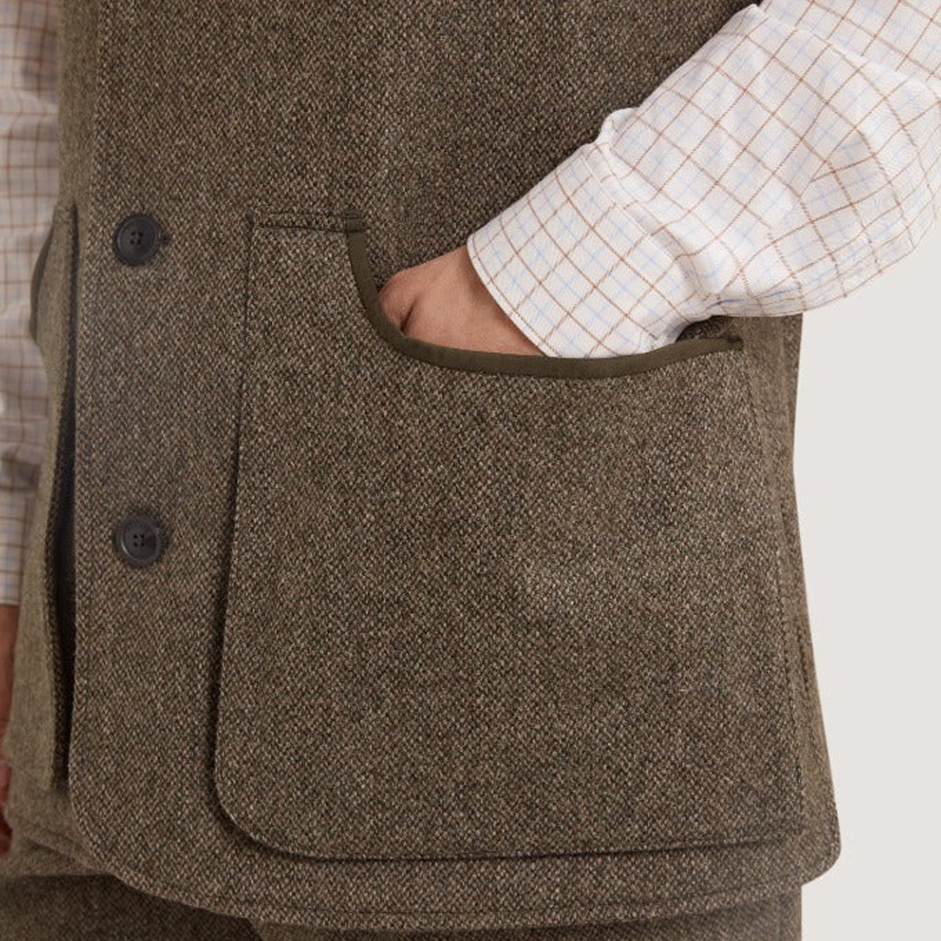 Purdey Lightweight Tweed High Collar Shooting Vest Acorn - The Sporting Lodge