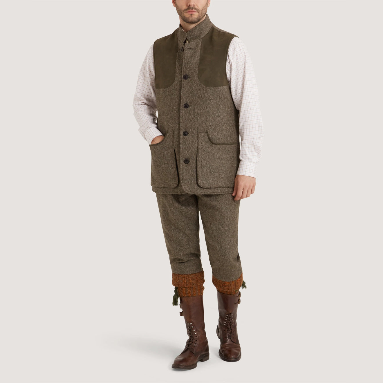 Purdey Lightweight Tweed High Collar Shooting Vest Acorn - The Sporting Lodge