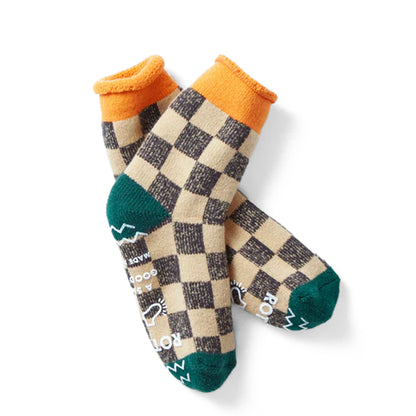 ROTOTO Pile Room Socks Checkerboard Light Orange / Dark Green