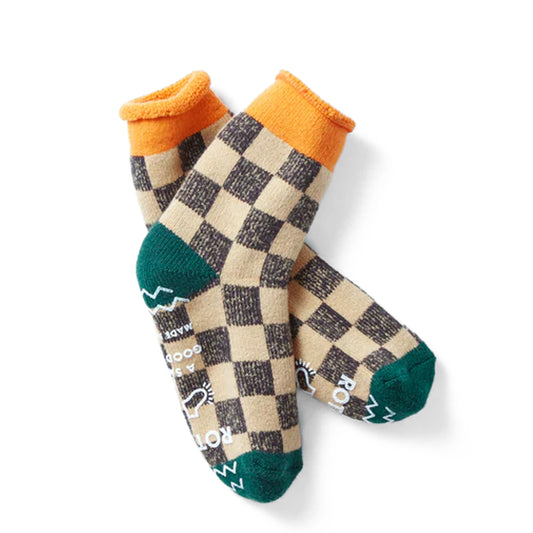 ROTOTO Pile Room Socks Checkerboard Light Orange / Dark Green
